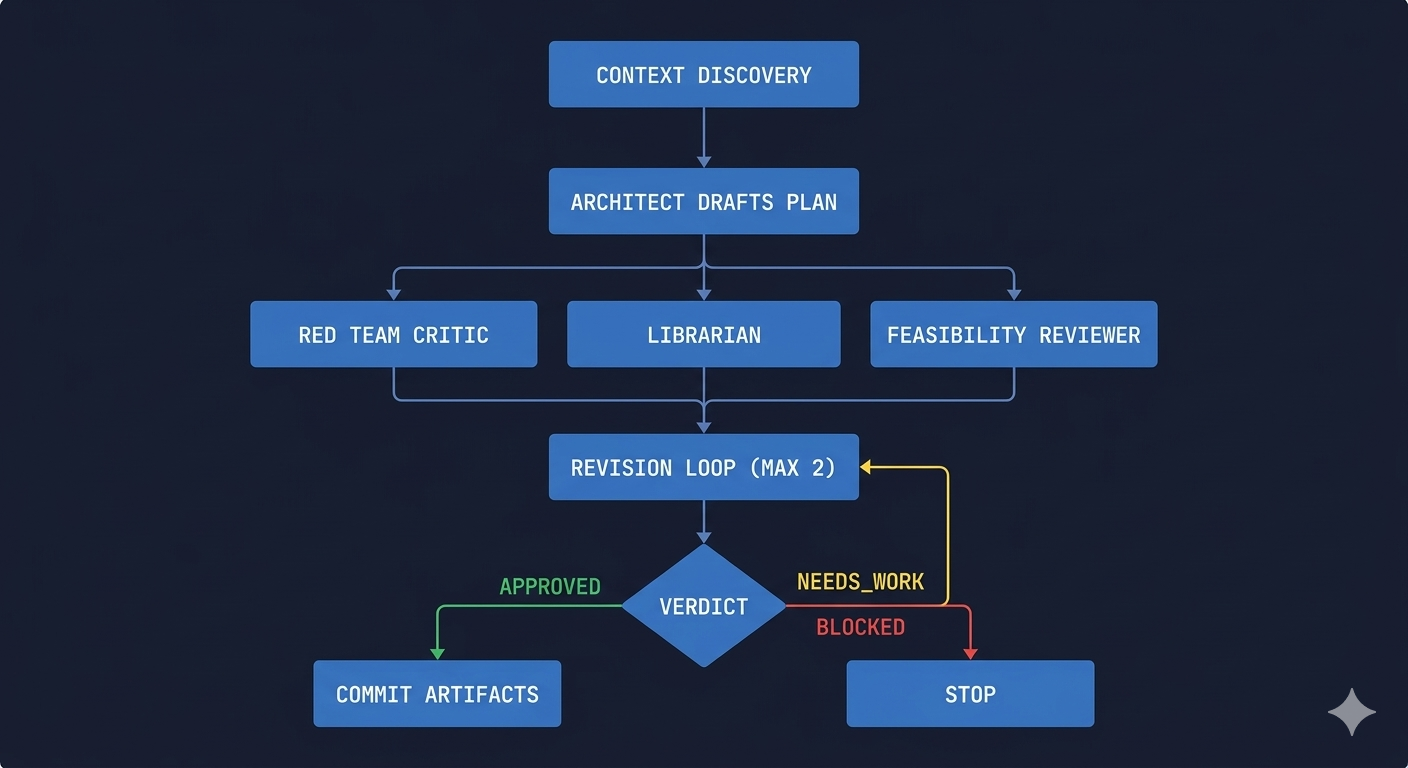 The /dream coordinator lifecycle: context discovery, architect drafts, parallel review, revision loop, approval gate, artifact commit