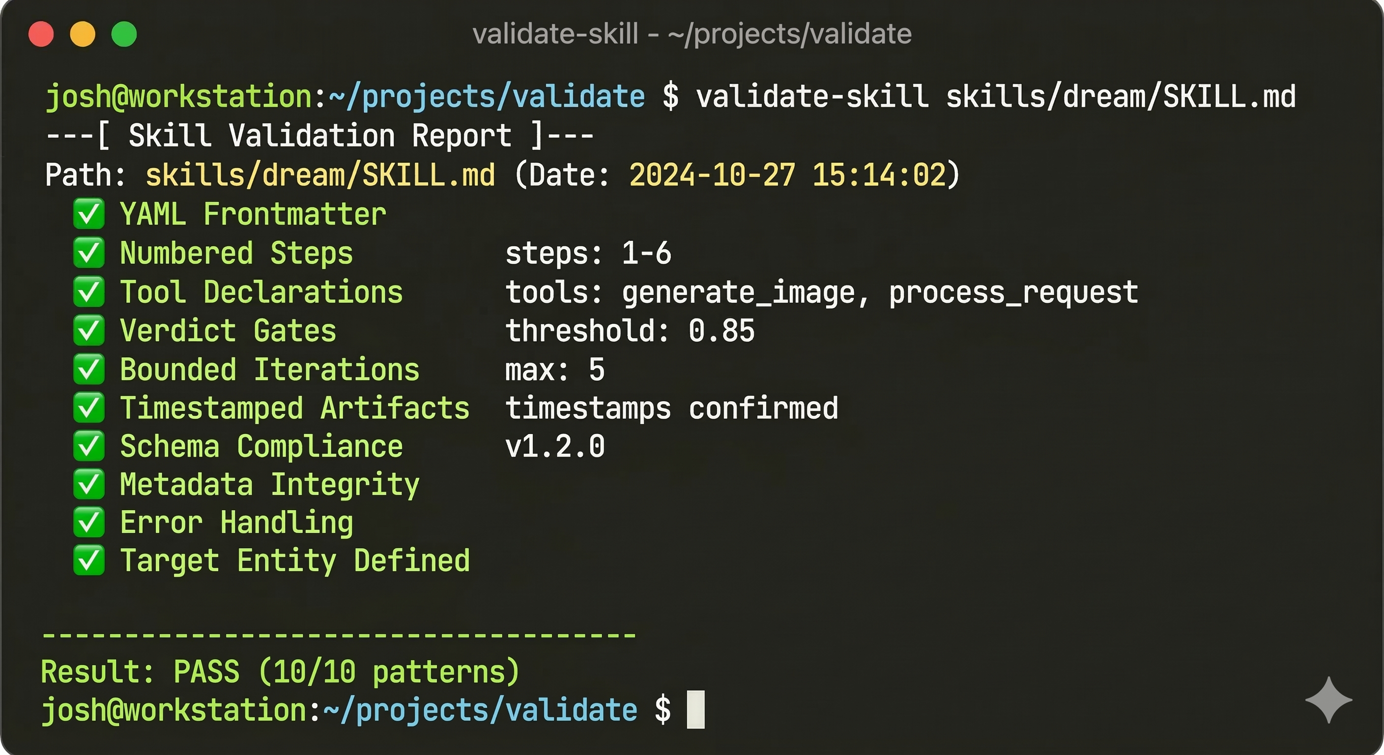 validate-skill output: 10/10 patterns passing